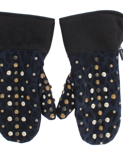 Dolce & Gabbana Gray Wool Shearling Studded Blue Leopard Gloves