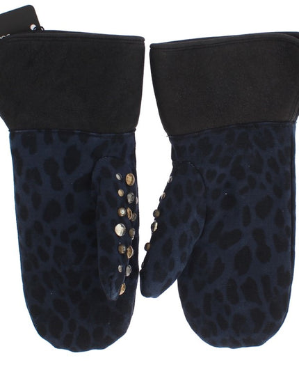 Dolce & Gabbana Gray Wool Shearling Studded Blue Leopard Gloves