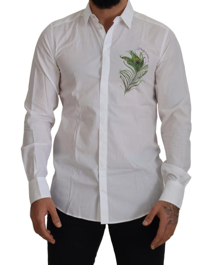 Dolce & Gabbana White Cotton Peacock Feather Formal GOLD Shirt