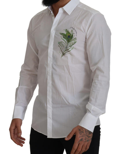 Dolce & Gabbana White Cotton Peacock Feather Formal GOLD Shirt
