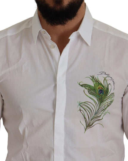 Dolce & Gabbana White Cotton Peacock Feather Formal GOLD Shirt