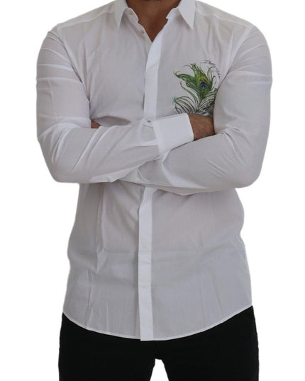 Dolce & Gabbana White Cotton Peacock Feather Formal GOLD Shirt