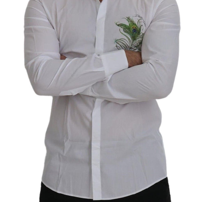 Dolce & Gabbana White Cotton Peacock Feather Formal GOLD Shirt