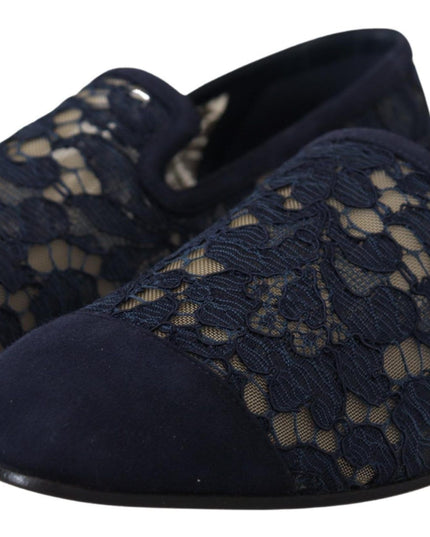 Dolce & Gabbana Blue Floral Lace Slip Ons Loafers Flats Shoes