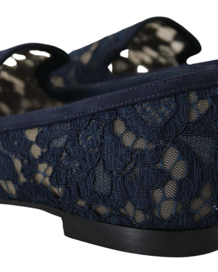 Dolce & Gabbana Blue Floral Lace Slip Ons Loafers Flats Shoes