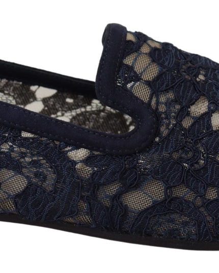 Dolce & Gabbana Blue Floral Lace Slip Ons Loafers Flats Shoes