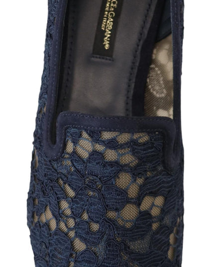 Dolce & Gabbana Blue Floral Lace Slip Ons Loafers Flats Shoes