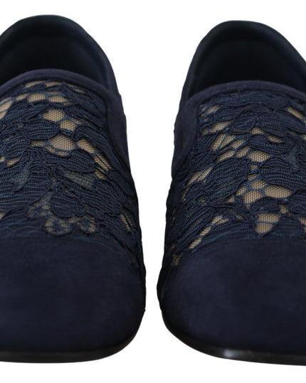 Dolce & Gabbana Blue Floral Lace Slip Ons Loafers Flats Shoes
