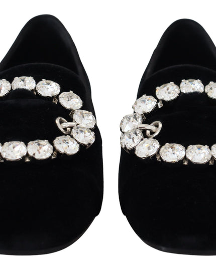 Dolce & Gabbana Black Velvet Crystals Loafers Flats Shoes