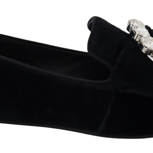 Dolce & Gabbana Black Velvet Crystals Loafers Flats Shoes