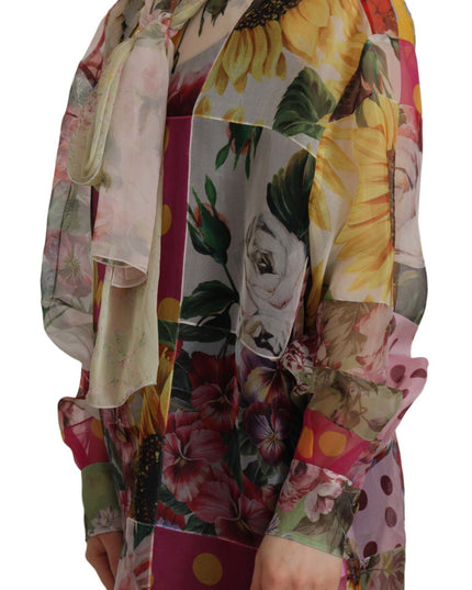 Dolce & Gabbana Multicolor Ascot Collar Patchwork Blouse Top