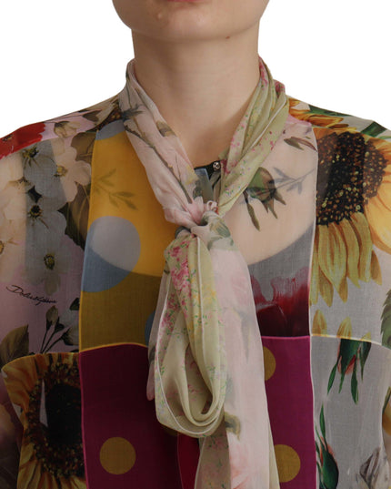 Dolce & Gabbana Multicolor Ascot Collar Patchwork Blouse Top