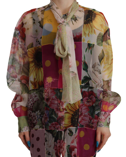Dolce & Gabbana Multicolor Ascot Collar Patchwork Blouse Top