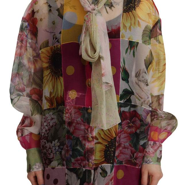 Dolce & Gabbana Multicolor Ascot Collar Patchwork Blouse Top
