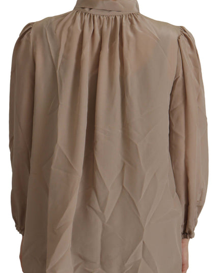 Dolce & Gabbana Brown Waistband Sleeves Ascot Collar Top Blouse