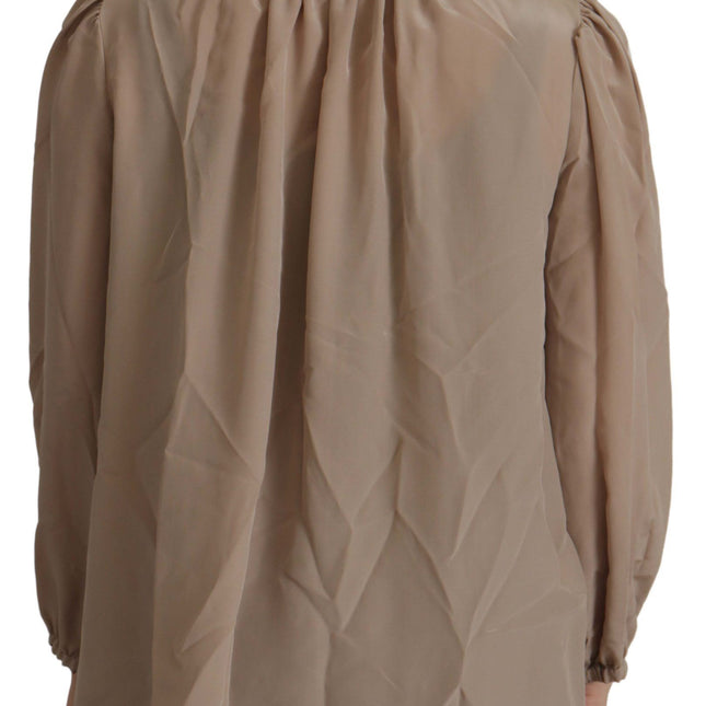 Dolce & Gabbana Brown Waistband Sleeves Ascot Collar Top Blouse