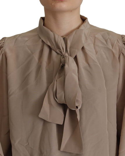 Dolce & Gabbana Brown Waistband Sleeves Ascot Collar Top Blouse