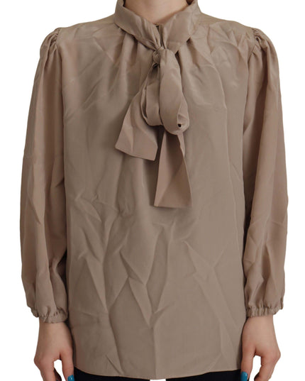 Dolce & Gabbana Brown Waistband Sleeves Ascot Collar Top Blouse