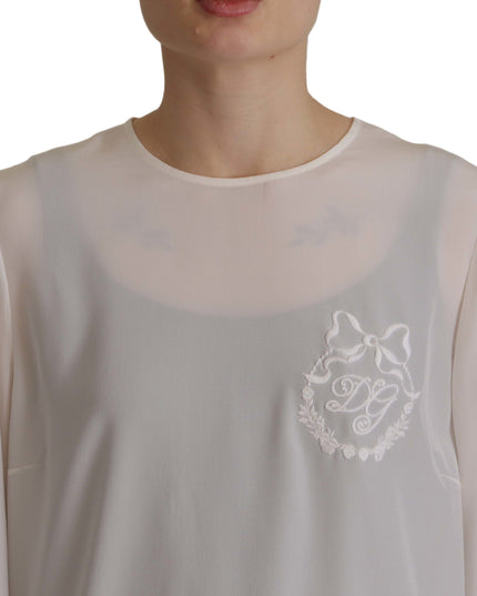 Dolce & Gabbana White Silk DG Logo Embroidered Long Sleeves Blouse
