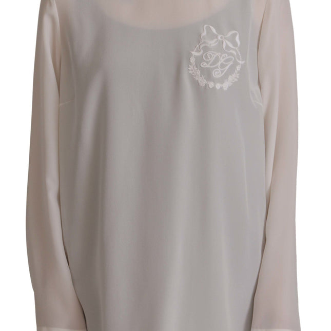 Dolce & Gabbana White Silk DG Logo Embroidered Long Sleeves Blouse