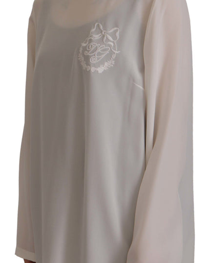 Dolce & Gabbana White Silk DG Logo Embroidered Long Sleeves Blouse