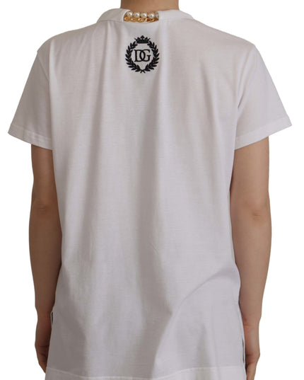 Dolce & Gabbana White Necklace Embellished Neckline T-shirt Top