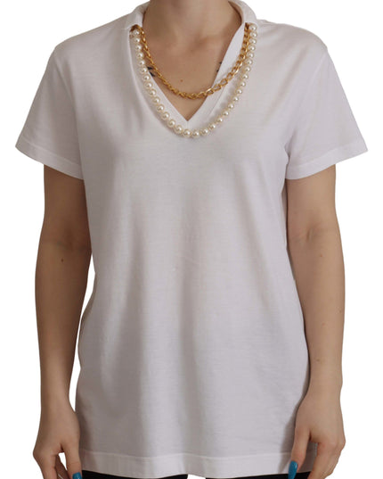 Dolce & Gabbana White Necklace Embellished Neckline T-shirt Top