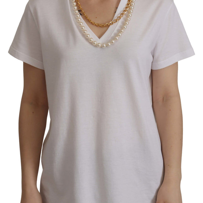 Dolce & Gabbana White Necklace Embellished Neckline T-shirt Top