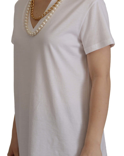 Dolce & Gabbana White Necklace Embellished Neckline T-shirt Top
