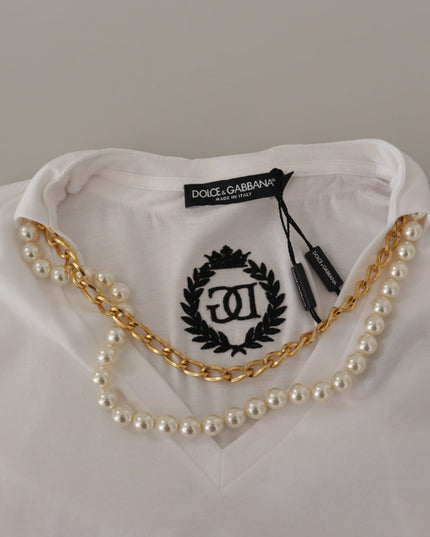 Dolce & Gabbana White Necklace Embellished Neckline T-shirt Top