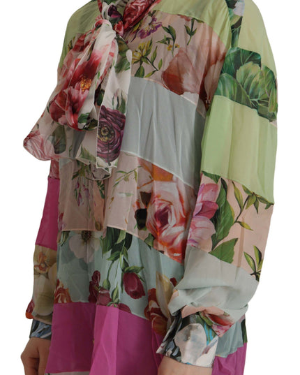 Dolce & Gabbana Multicolor  Floral Patchwork Design Ascot Collar Top Blouse