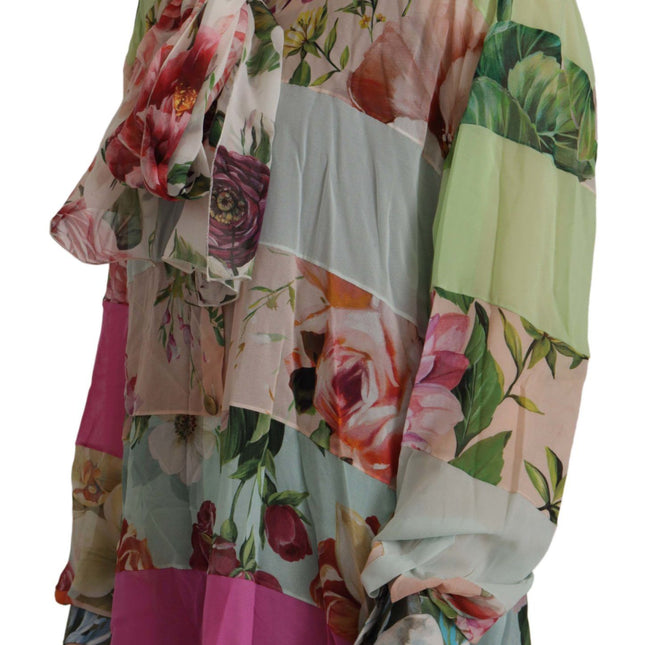 Dolce & Gabbana Multicolor  Floral Patchwork Design Ascot Collar Top Blouse