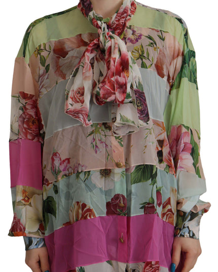 Dolce & Gabbana Multicolor  Floral Patchwork Design Ascot Collar Top Blouse