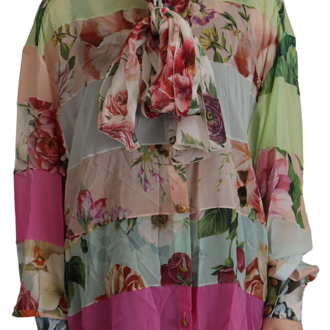 Dolce & Gabbana Multicolor  Floral Patchwork Design Ascot Collar Top Blouse