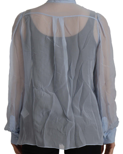 Dolce & Gabbana Light Blue Silk Ascot Collar Long Sleeves Top