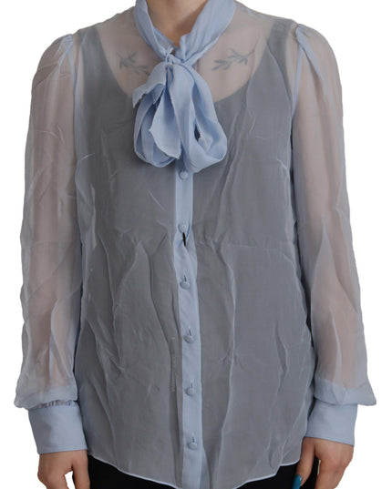 Dolce & Gabbana Light Blue Silk Ascot Collar Long Sleeves Top