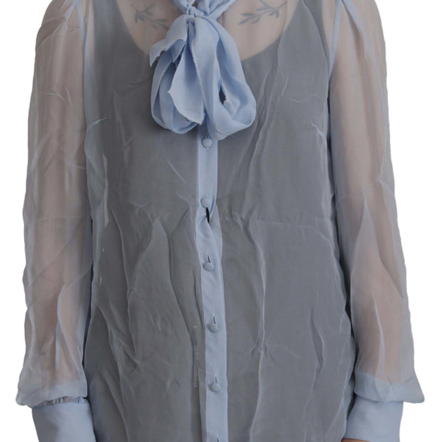 Dolce & Gabbana Light Blue Silk Ascot Collar Long Sleeves Top