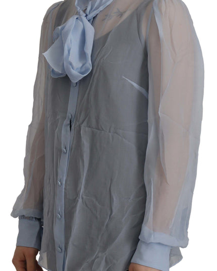 Dolce & Gabbana Light Blue Silk Ascot Collar Long Sleeves Top