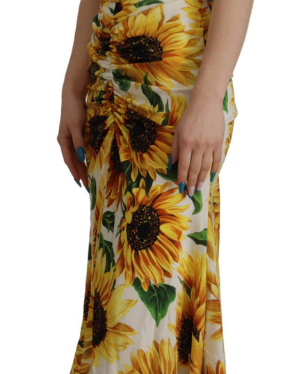 Dolce & Gabbana White Sunflower Print Sheath Midi Silk