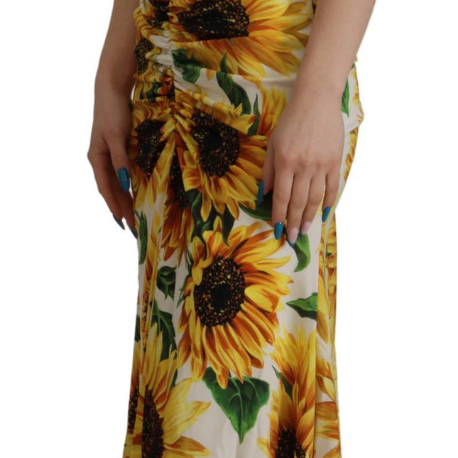 Dolce & Gabbana White Sunflower Print Sheath Midi Silk