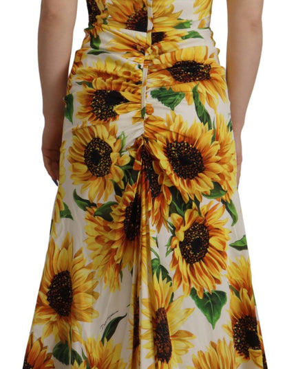 Dolce & Gabbana White Sunflower Print Sheath Midi Silk