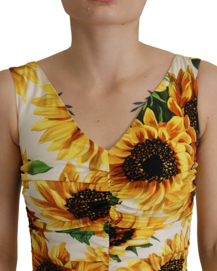 Dolce & Gabbana White Sunflower Print Sheath Midi Silk
