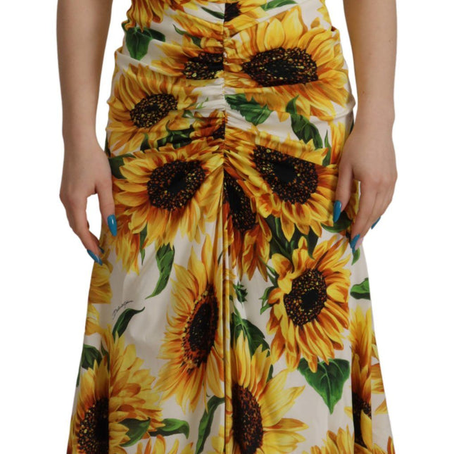 Dolce & Gabbana White Sunflower Print Sheath Midi Silk