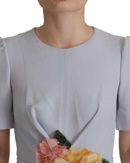 Dolce & Gabbana Blue Floral Applique Midi Viscose Dress