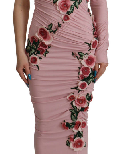 Dolce & Gabbana Pink Flower Embellished One Shoulder Dress