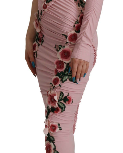 Dolce & Gabbana Pink Flower Embellished One Shoulder Dress