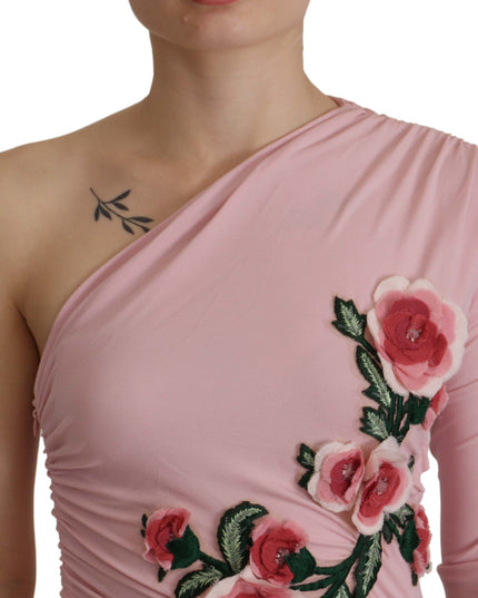 Dolce & Gabbana Pink Flower Embellished One Shoulder Dress