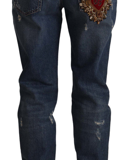 Dolce & Gabbana Blue Denim Baroque Heart Logo Patch Pants Jeans