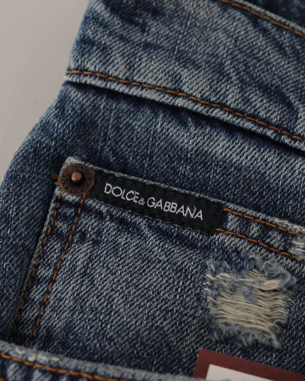 Dolce & Gabbana Blue Denim Baroque Heart Logo Patch Pants Jeans