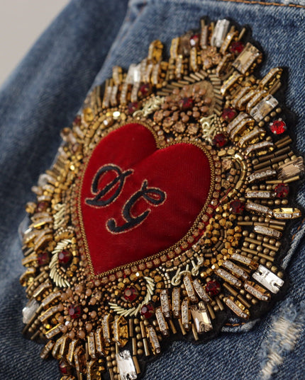 Dolce & Gabbana Blue Denim Baroque Heart Logo Patch Pants Jeans